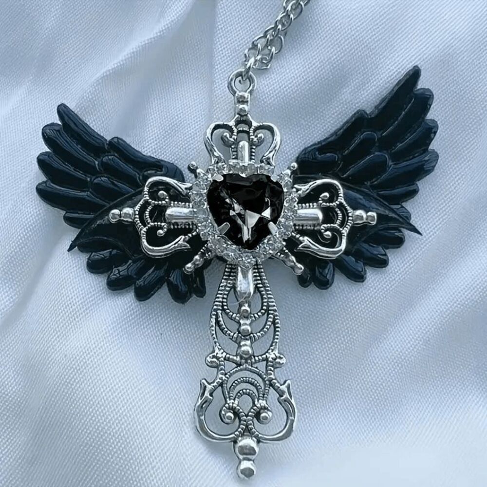 Y2K Angel Wings Cross Black Diamond Heart Pendant Necklace